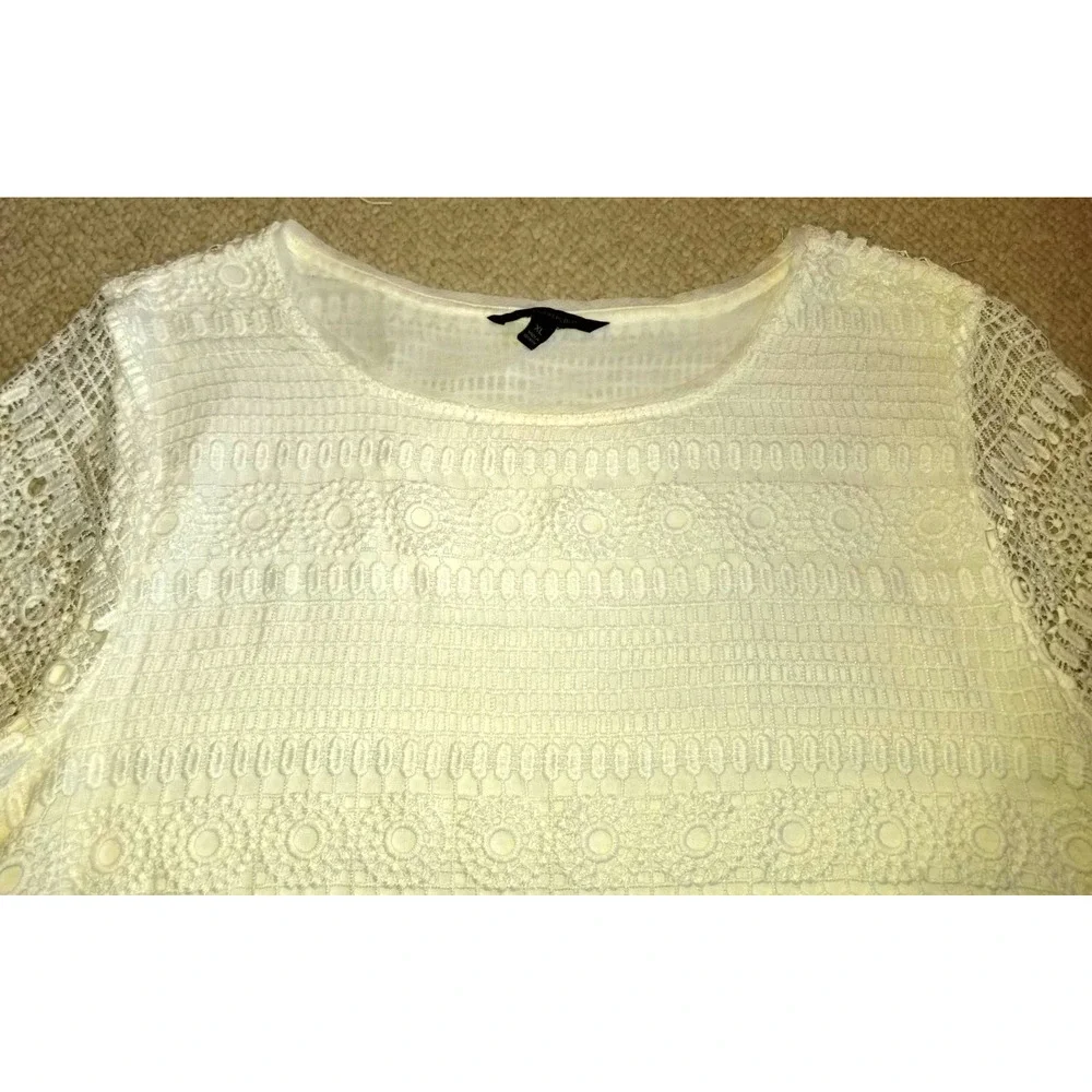 Womens Top-BANANA REPUBLIC-white stretch crochet overlay sheer slvs Romantic-XL